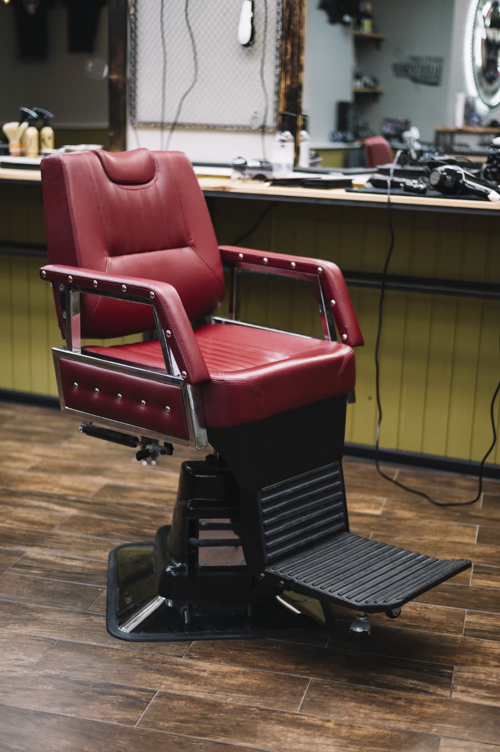 Salon chair with a mirror in the background